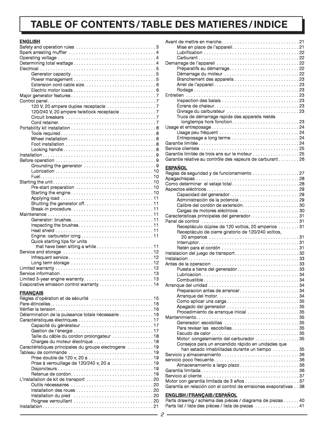 Homelite HG3510 table of contents / TABLE DES MATIERES / INDICE, English, english / Français / Español 
