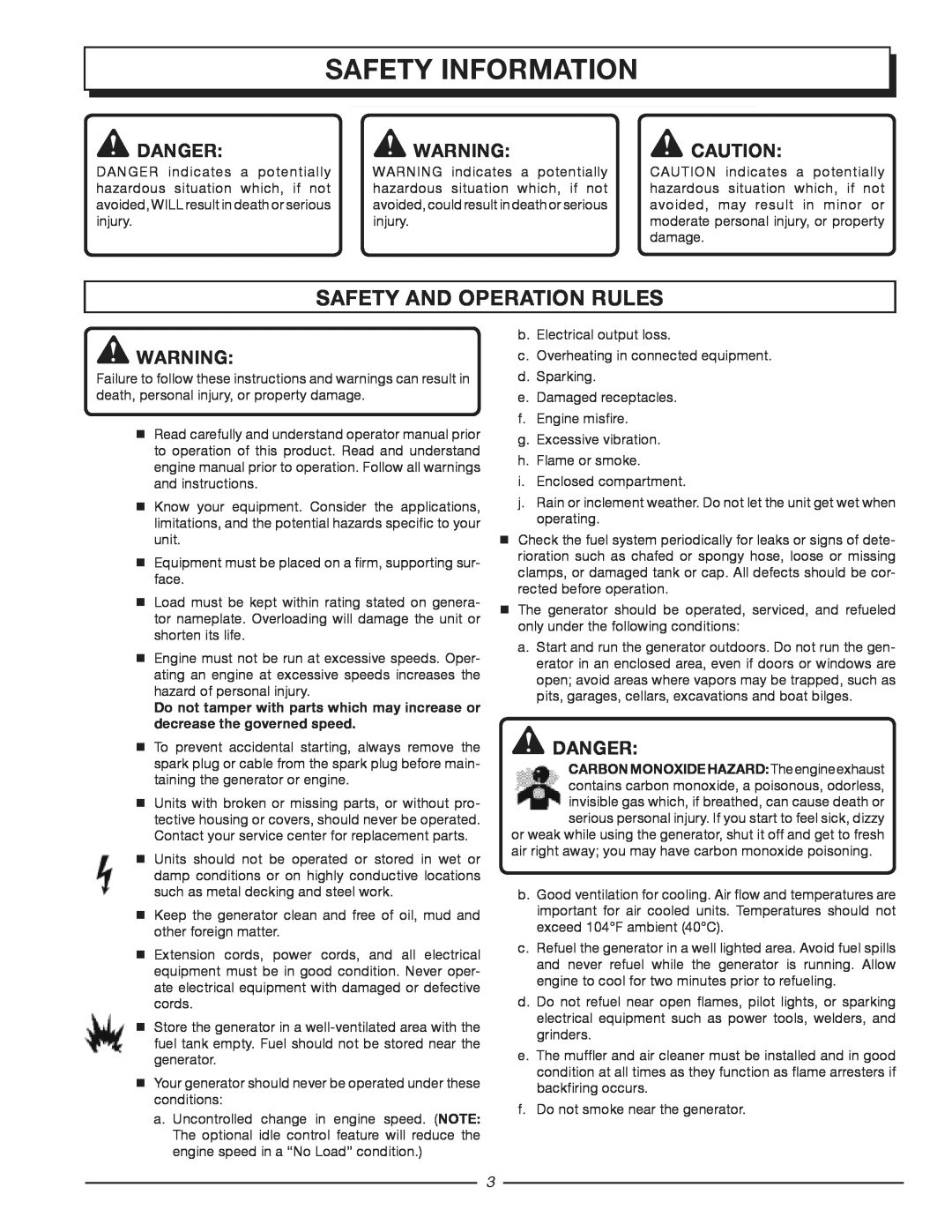 Homelite HG3510 manuel dutilisation safety information, Safety And Operation Rules, danger, Danger 