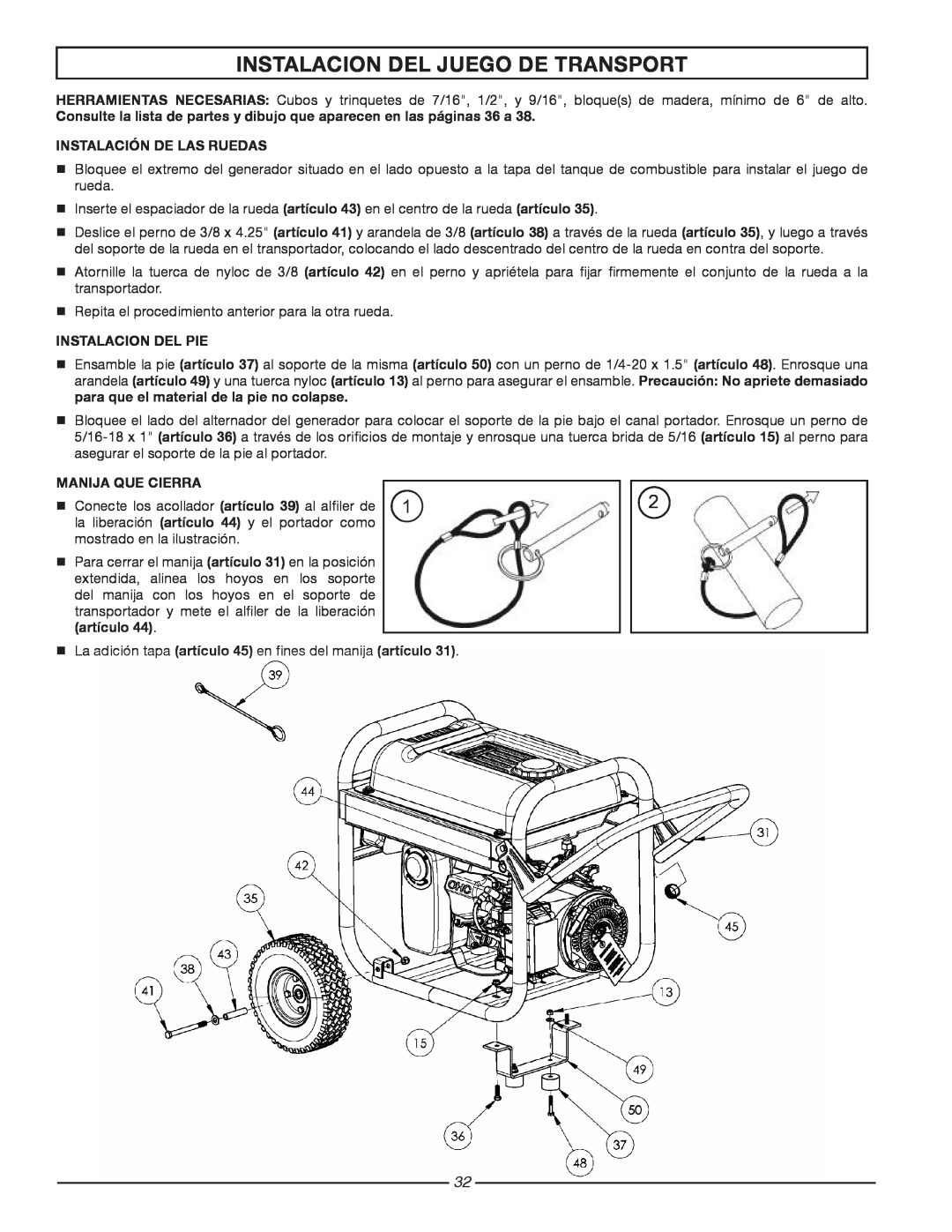 Homelite HG3510 Instalacion Del Juego De Transport, Consulte la lista de partes y dibujo que aparecen en las páginas 36 a 