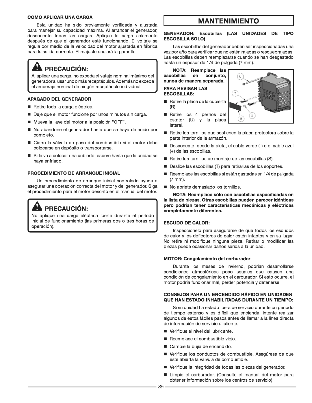 Homelite HG3510 Mantenimiento, Precaución, Como Aplicar Una Carga, Apagado Del Generador, Para Revisar Las ­Escobillas 