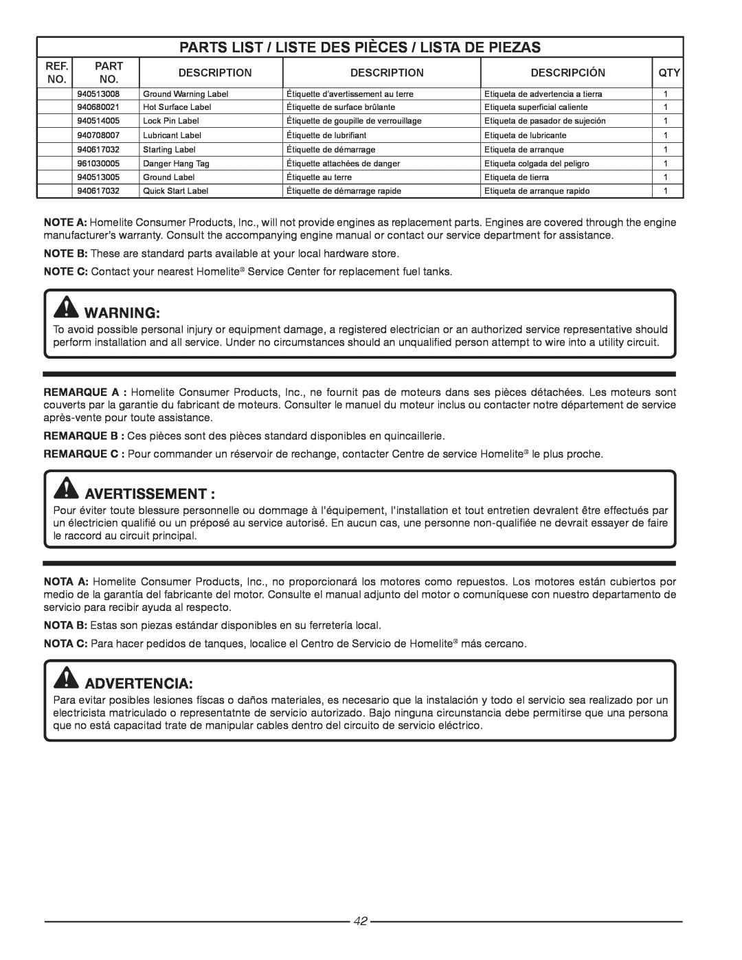 Homelite HG3510 avertissement, Parts List / Liste Des Pièces / Lista De Piezas, advertencia, Description, Descripción 