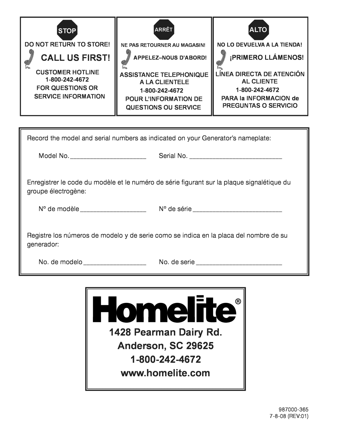 Homelite HG3510 manuel dutilisation Pearman Dairy Rd Anderson, SC, Call Us First, ¡Primero Llámenos, Alto, Stop 