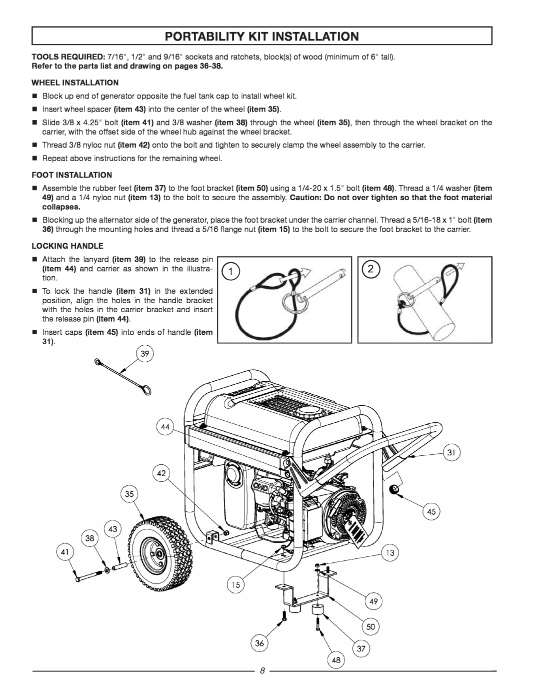 Homelite HG3510 Portability Kit Installation, Refer to the parts list and drawing on pages WHEEL INSTALLATION 