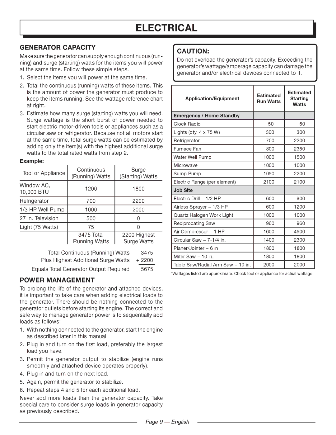 Homelite HG5000 manuel dutilisation Generator Capacity, Power Management, Example, English 