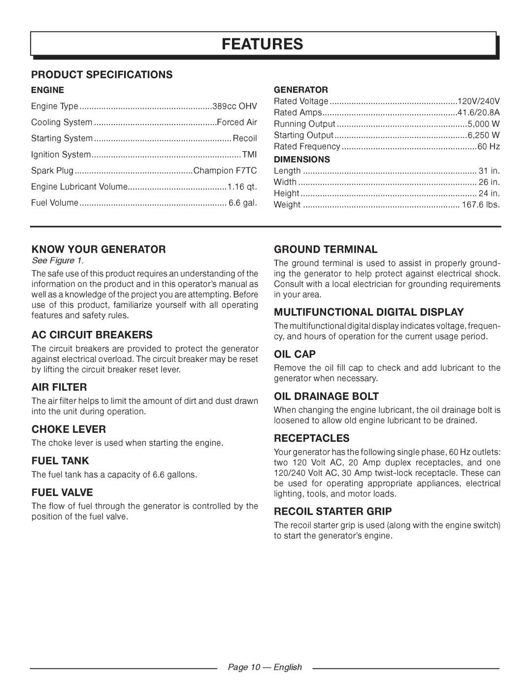 Homelite HG5000 manuel dutilisation Features, Product Specifications, Know Your Generator, Multifunctional Digital Display 