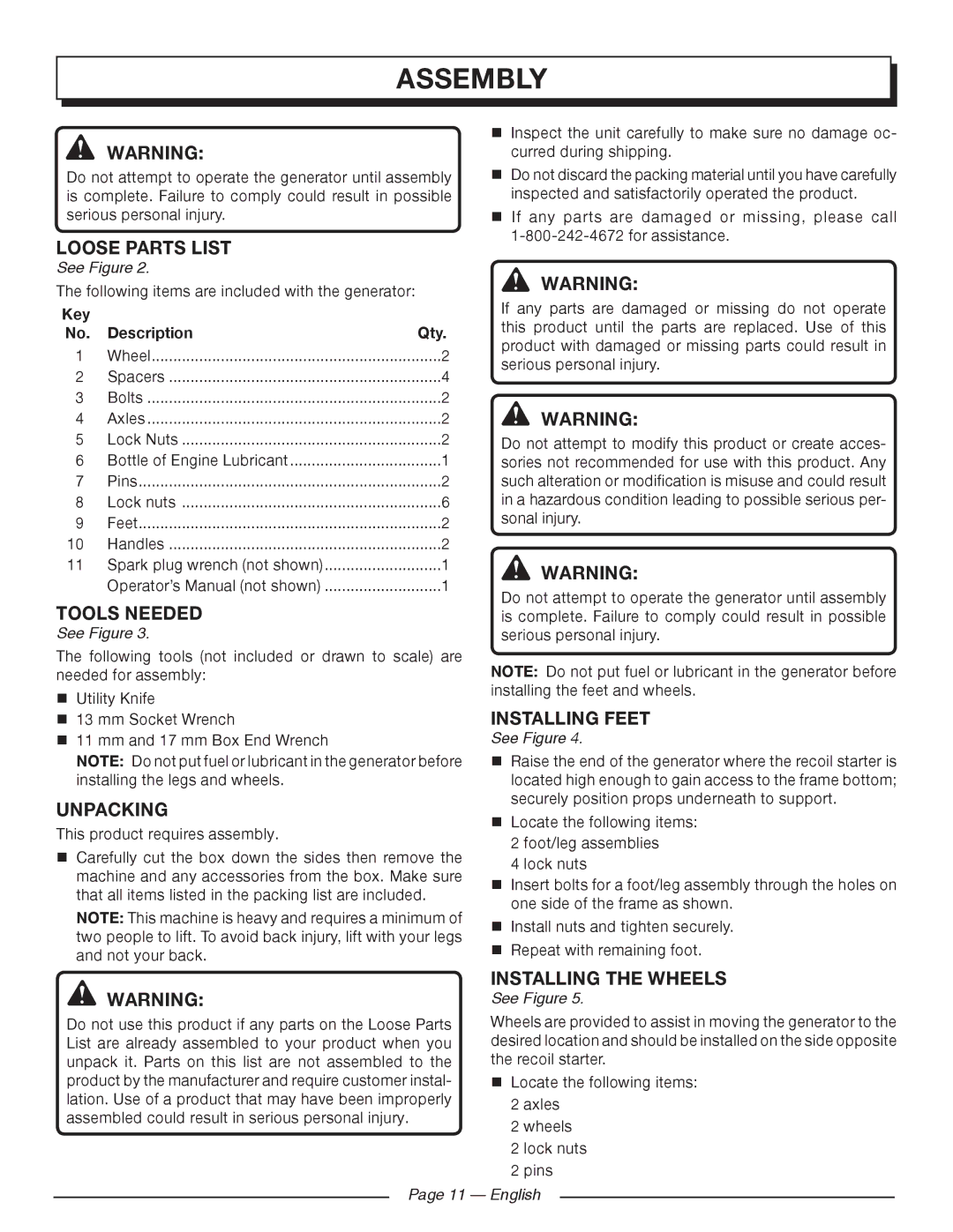 Homelite HG5000 manuel dutilisation Assembly, Loose Parts List, Tools Needed, Unpacking 