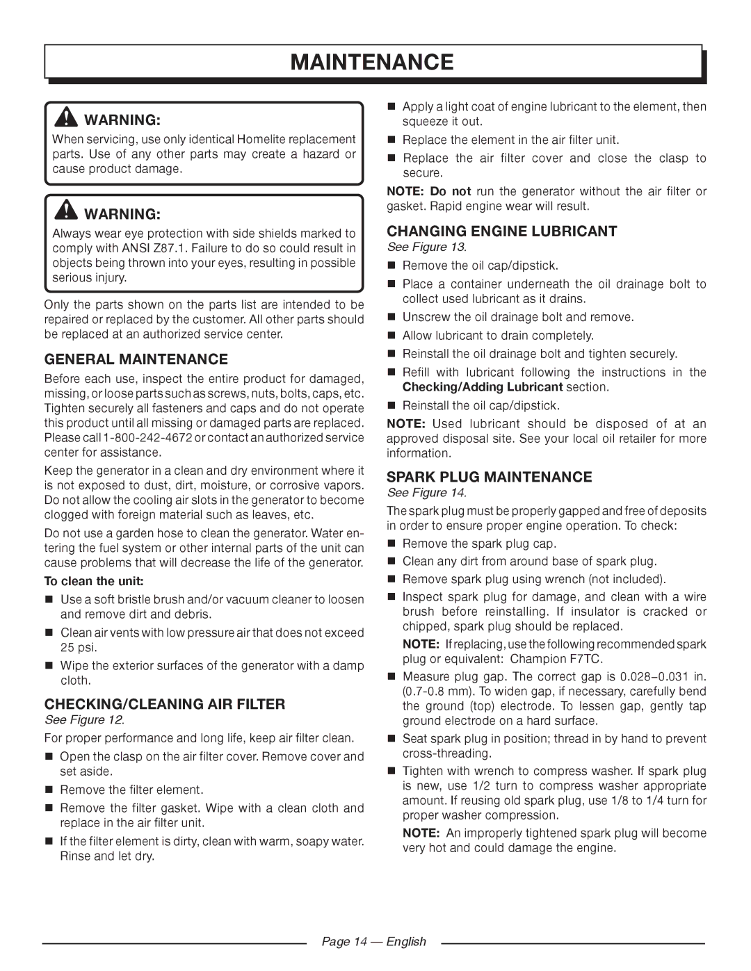 Homelite HG5000 General Maintenance, Checking/CLEANING AIR Filter, Changing engine lubricant, Spark plug maintenance 