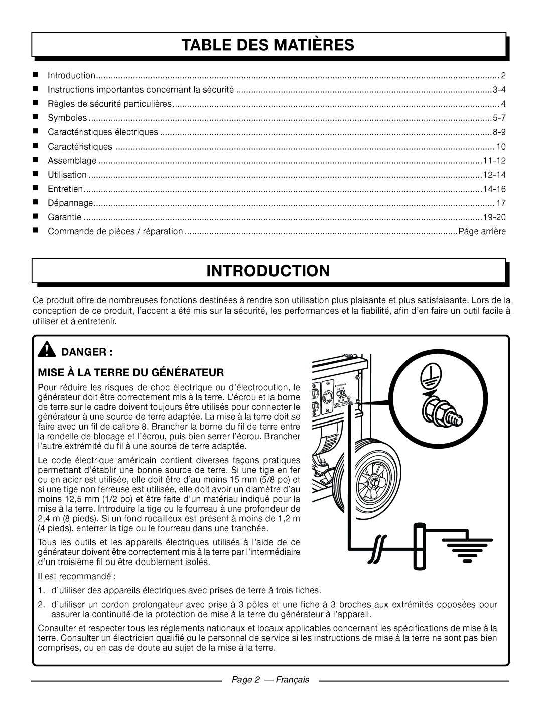 Homelite HG5000 manuel dutilisation Table DES Matières, Introduction, Mise À LA Terre DU Générateur, Français 