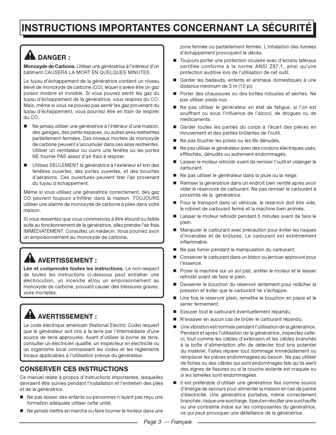 Homelite HG5000 Instructions Importantes Concernant LA Sécurité, Avertissement, Conserver CES Instructions, Français 