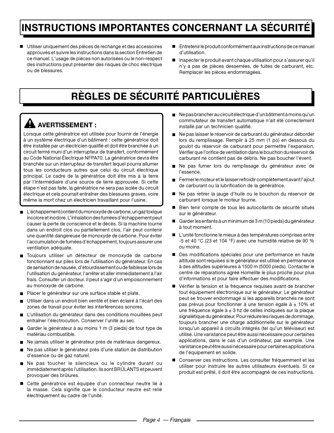 Homelite HG5000 manuel dutilisation Règles de sécurité particulières, Français 