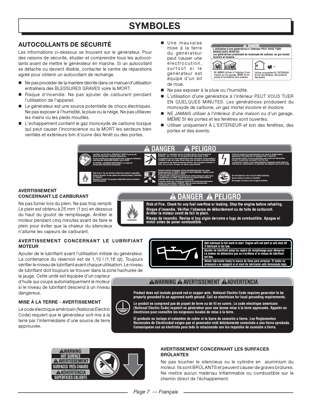 Homelite HG5000 manuel dutilisation Autocollants DE Sécurité, ’utilisation de l’appareil 