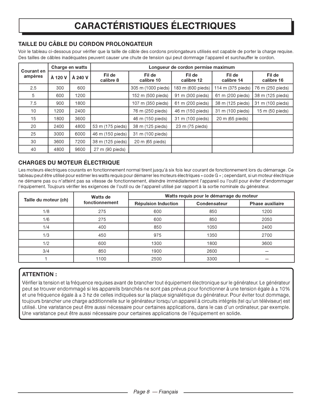 Homelite HG5000 manuel dutilisation Caractéristiques électriques, Français 