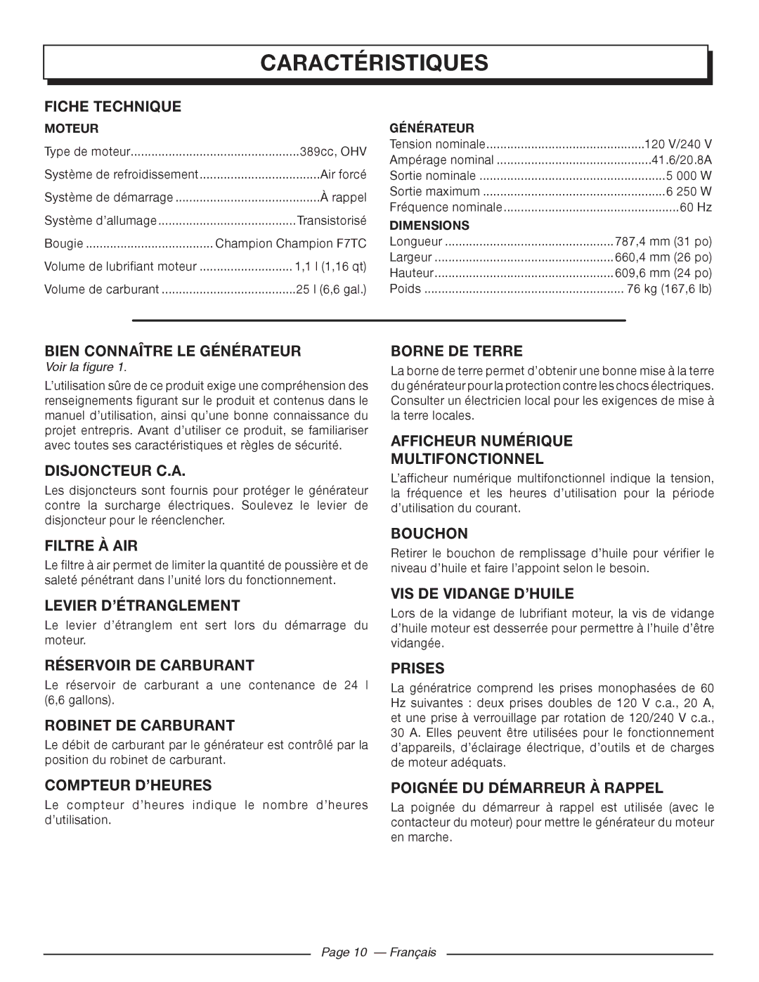 Homelite HG5000 manuel dutilisation Caractéristiques 