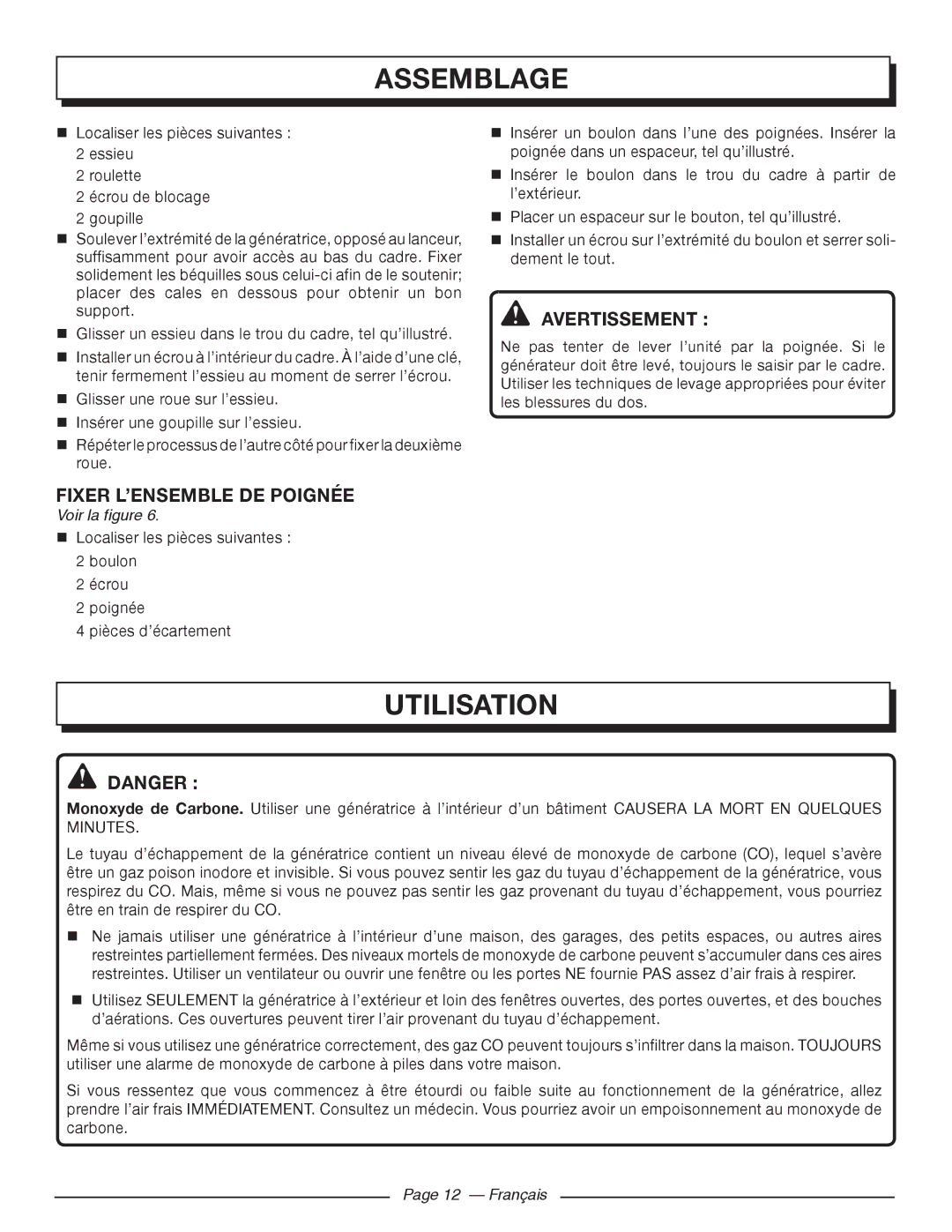 Homelite HG5000 manuel dutilisation Utilisation, Fixer L’ENSEMBLE DE Poignée, Français 