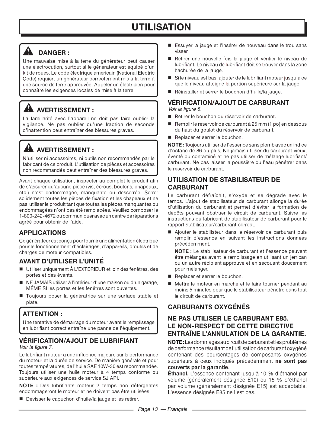 Homelite HG5000 Avant D’UTILISER L’UNITÉ, VÉRIFICATION/AJOUT de lubrifiant, VÉRIFICATION/AJOUT DE Carburant, Français 