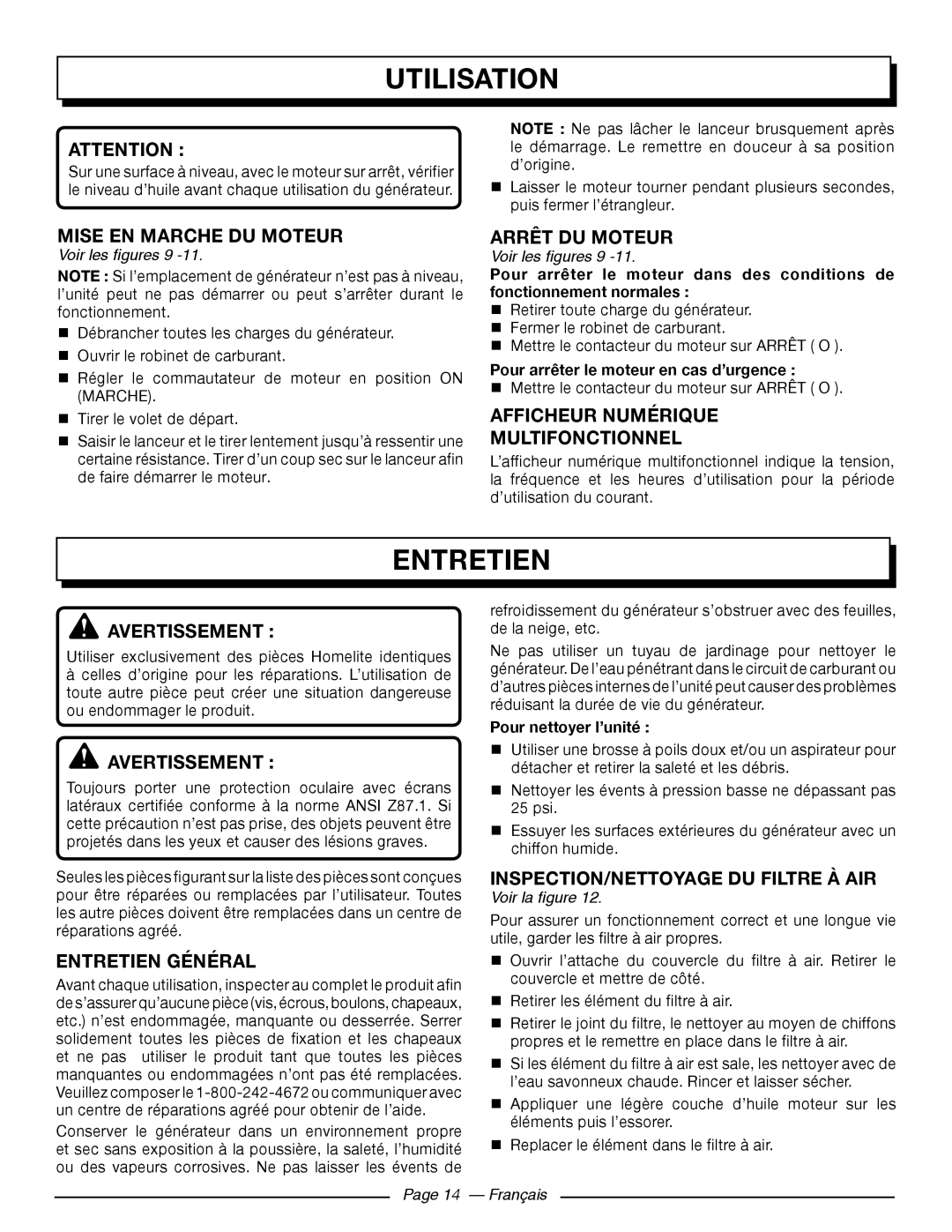 Homelite HG5000 Mise EN Marche DU Moteur, Arrêt DU Moteur, Entretien Général, INSPECTION/NETTOYAGE DU Filtre À AIR 