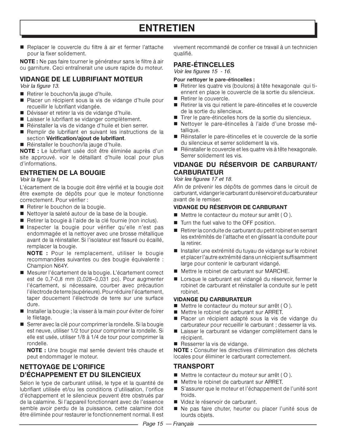 Homelite HG5000 manuel dutilisation Entretien DE LA Bougie, Pare-Étincelles, Vidange DU Réservoir DE CARBURANT/ Carburateur 