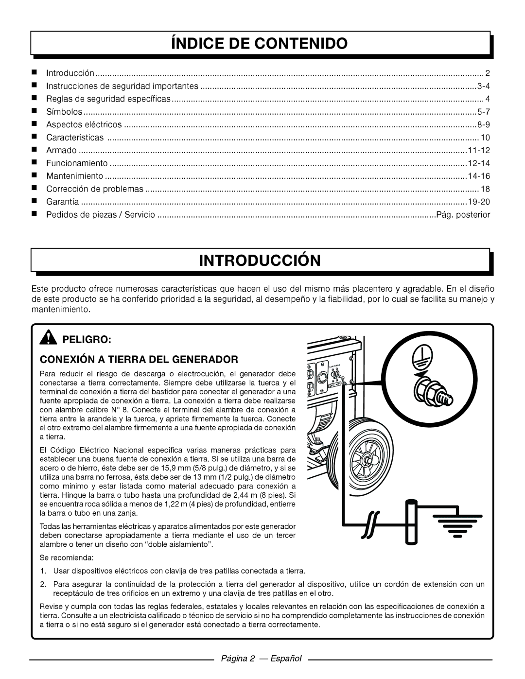 Homelite HG5000 Índice DE Contenido, Introducción, Peligro Conexión a tierra del generador, Pág. posterior 