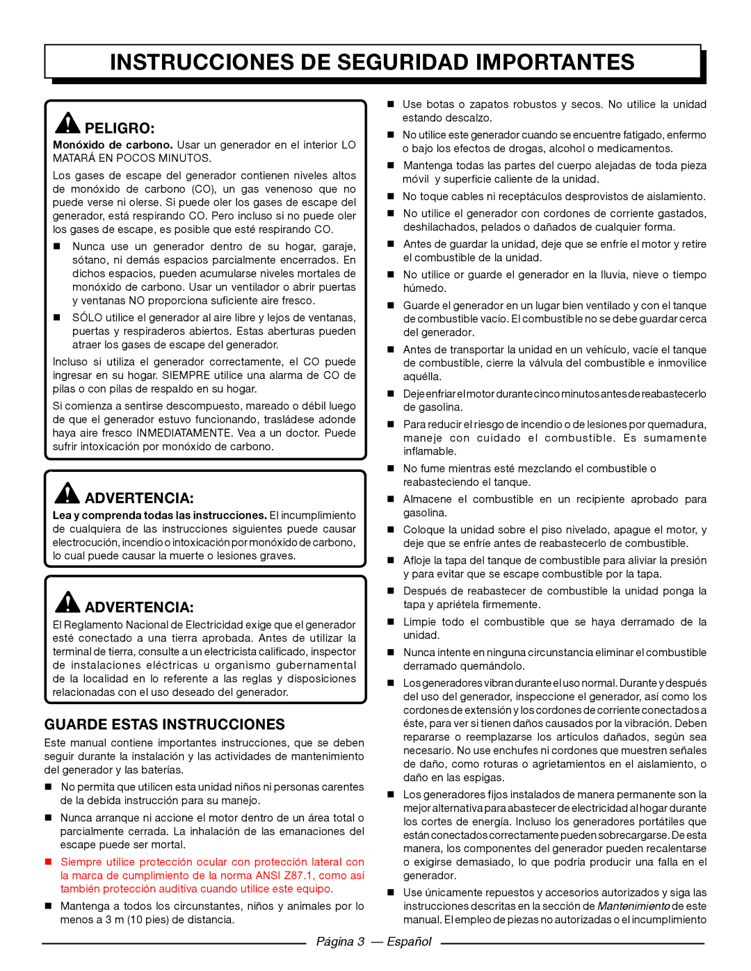 Homelite HG5000 Instrucciones de seguridad importantes, Peligro, Advertencia, Guarde Estas Instrucciones, Página 3 Español 