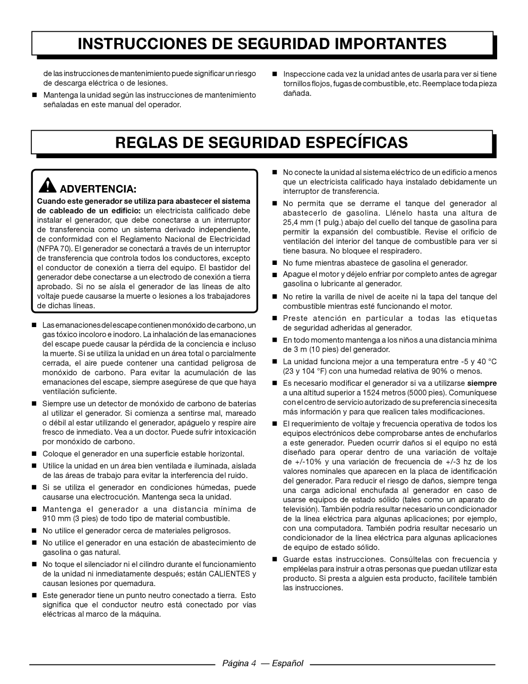 Homelite HG5000 manuel dutilisation Reglas DE Seguridad Específicas, Página 4 Español 