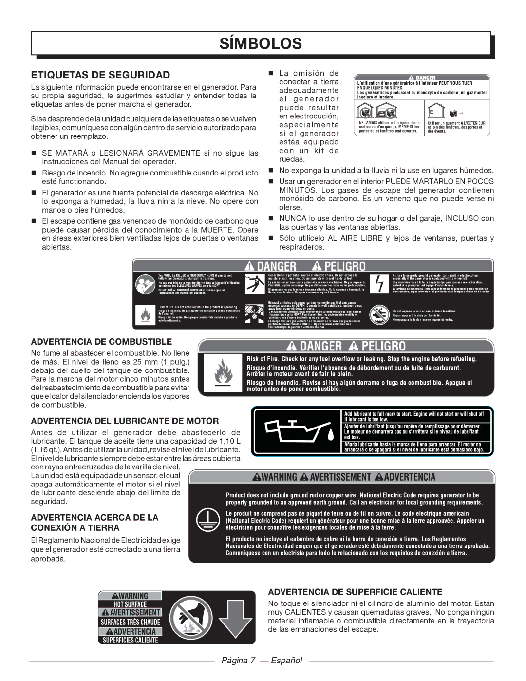 Homelite HG5000 manuel dutilisation Símbolos, Etiquetas DE Seguridad, Página 7 Español 