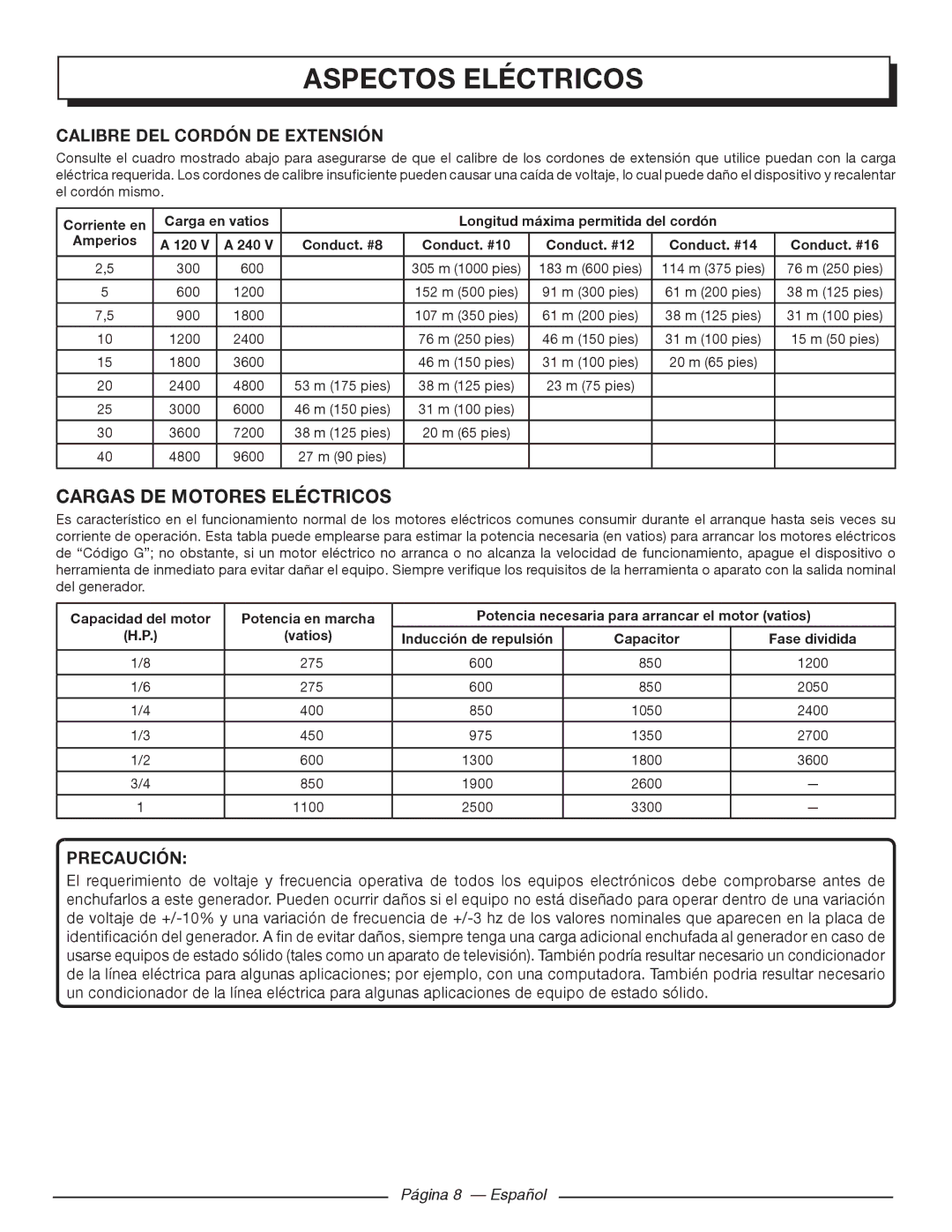 Homelite HG5000 manuel dutilisation Aspectos eléctricos, Cargas de motores eléctricos, Precaución, Página 8 Español 