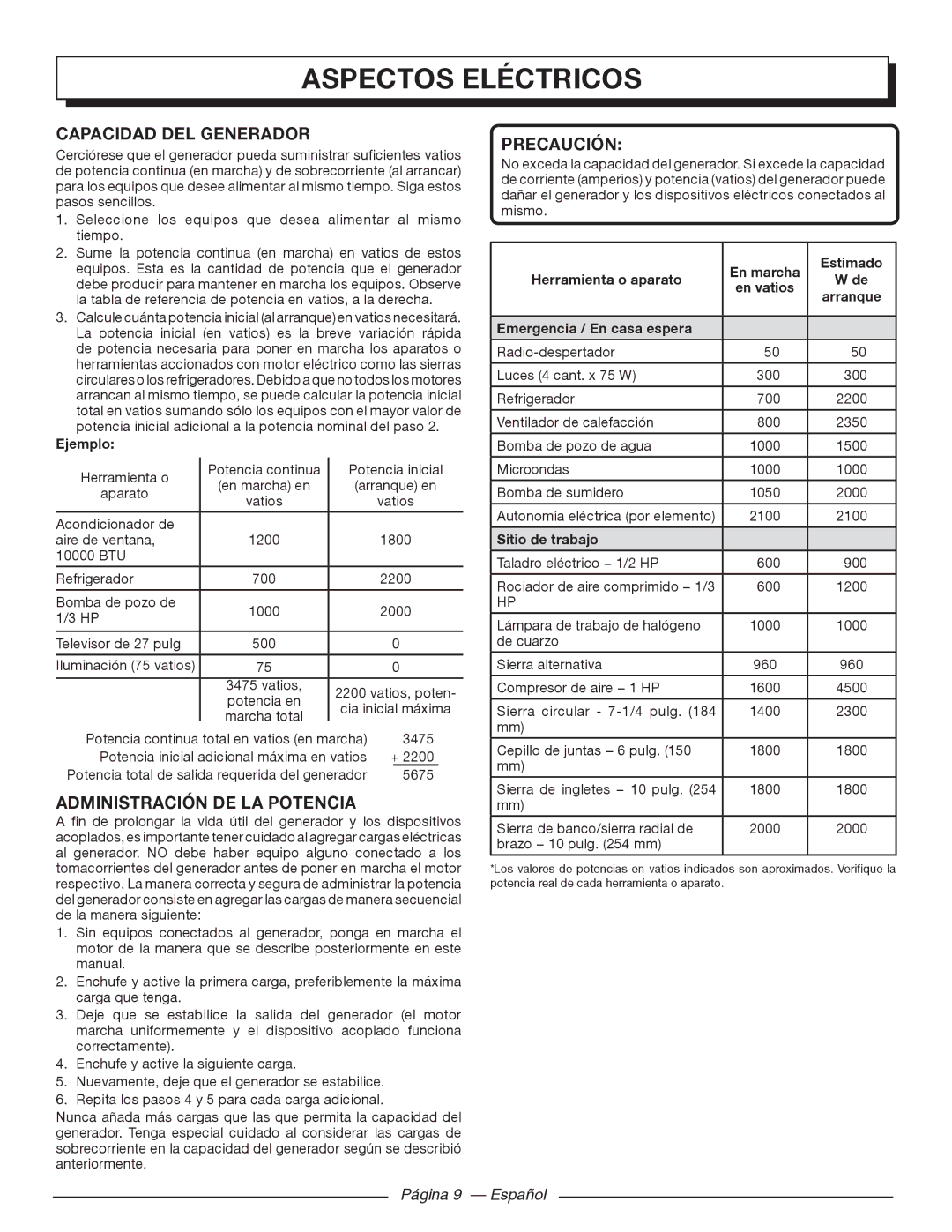 Homelite HG5000 manuel dutilisation Administración DE LA Potencia, Página 9 Español 