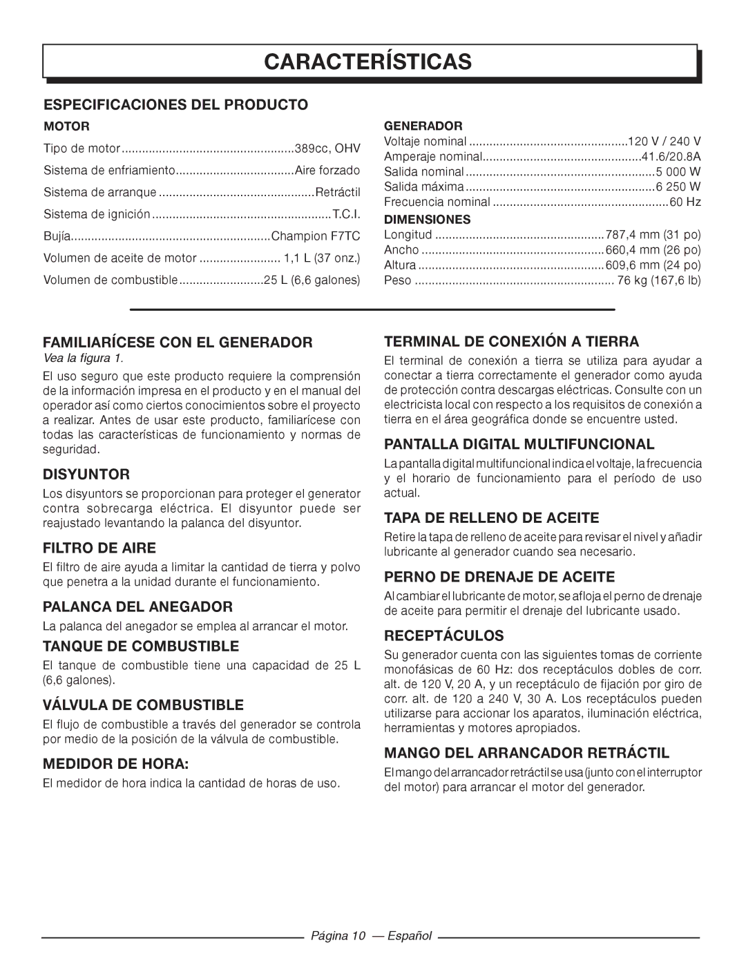 Homelite HG5000 manuel dutilisation Características 