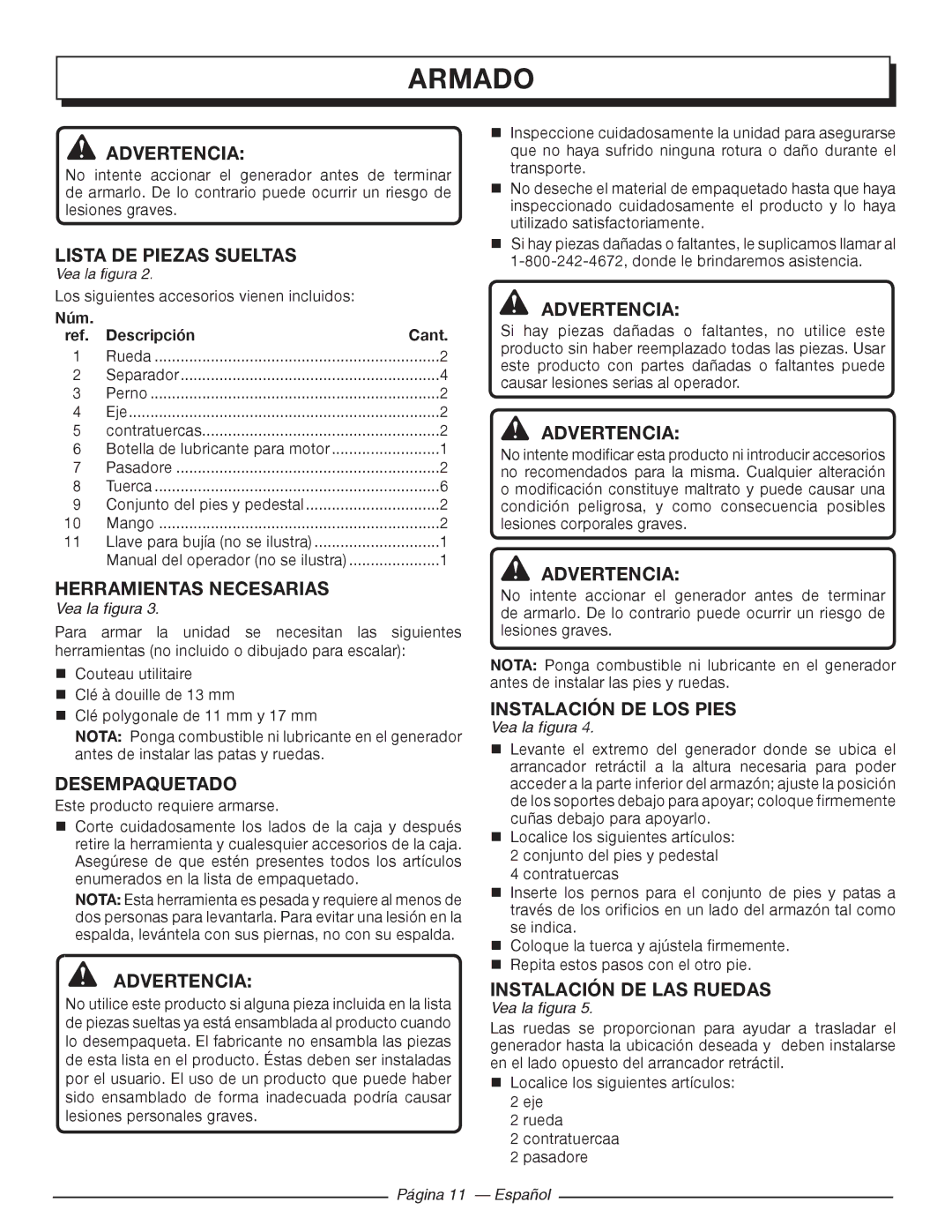 Homelite HG5000 manuel dutilisation Armado, Desempaquetado 