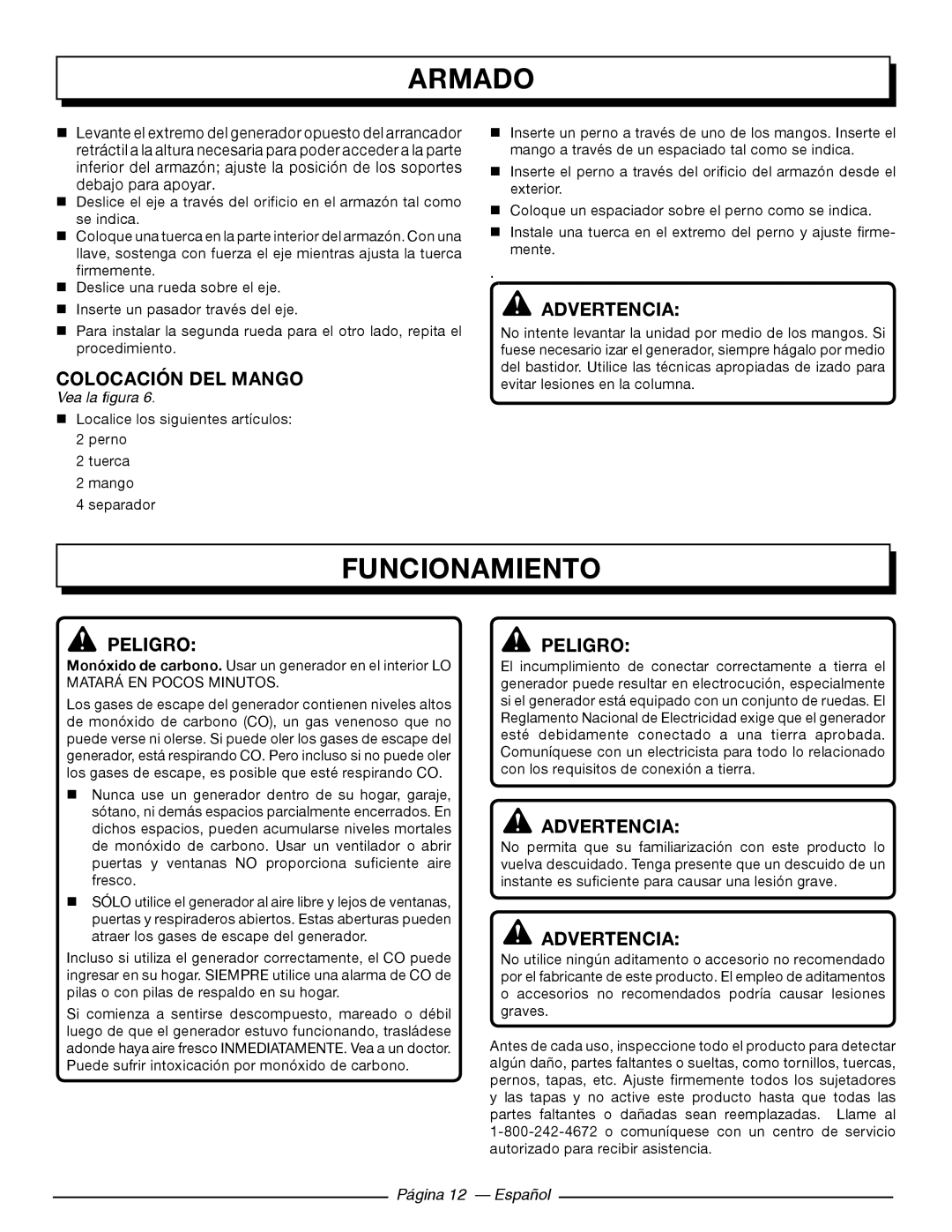 Homelite HG5000 manuel dutilisation Funcionamiento, Colocación DEL Mango, PeligroPeligro, Página 12 Español 