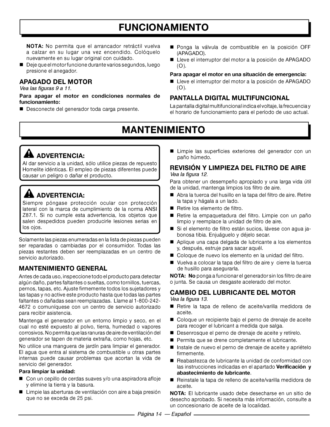 Homelite HG5000 manuel dutilisation Apagado del motor, Mantenimiento General, Revisión y limpieza del filtro de aire 