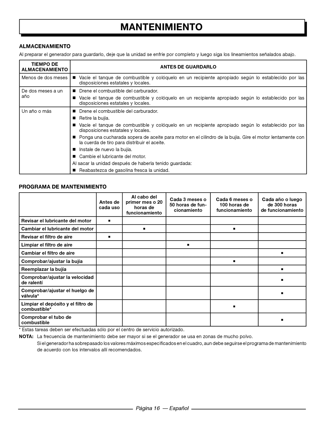 Homelite HG5000 manuel dutilisation Almacenamiento, Programa DE Mantenimiento, Página 16 Español 