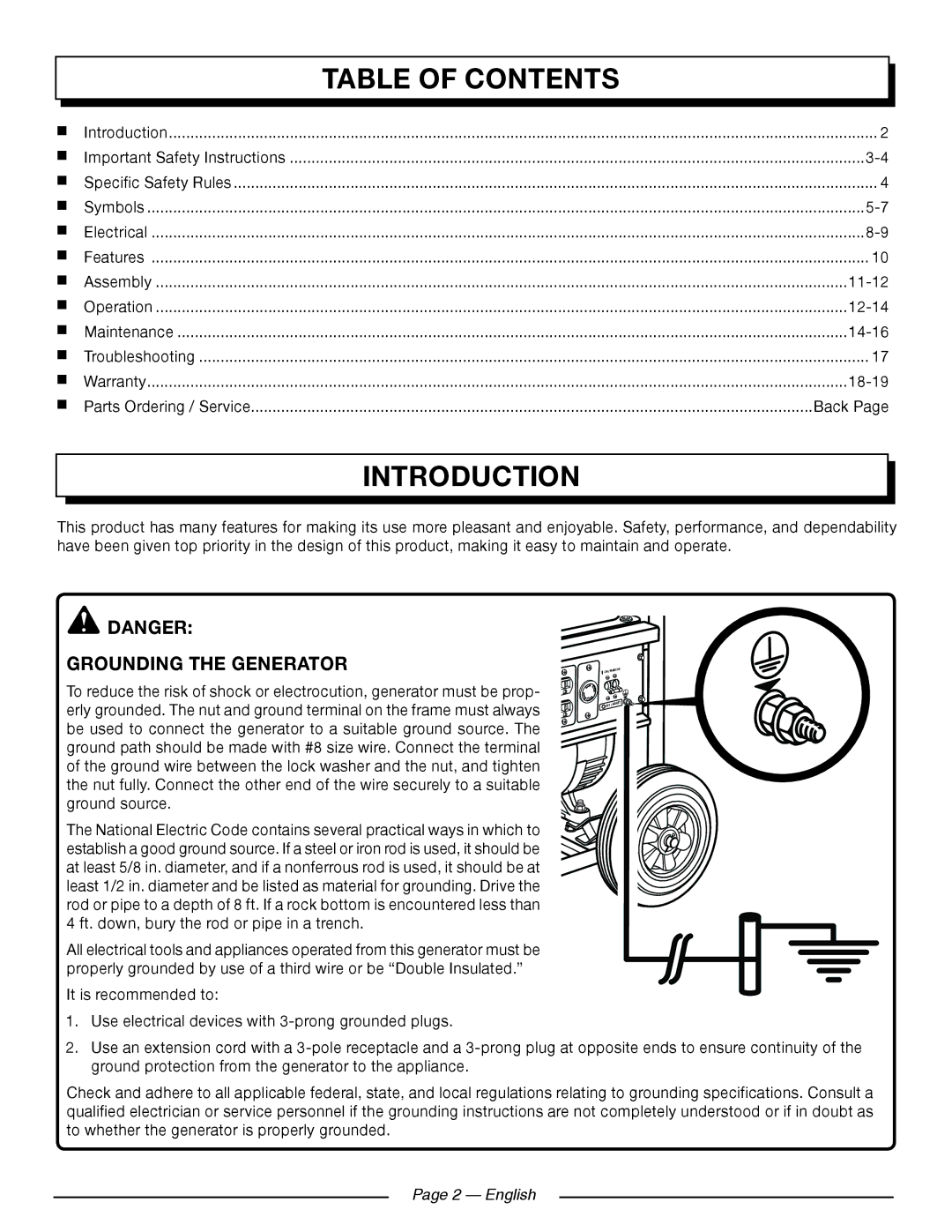 Homelite HG5000 manuel dutilisation Introduction, Table of Contents 