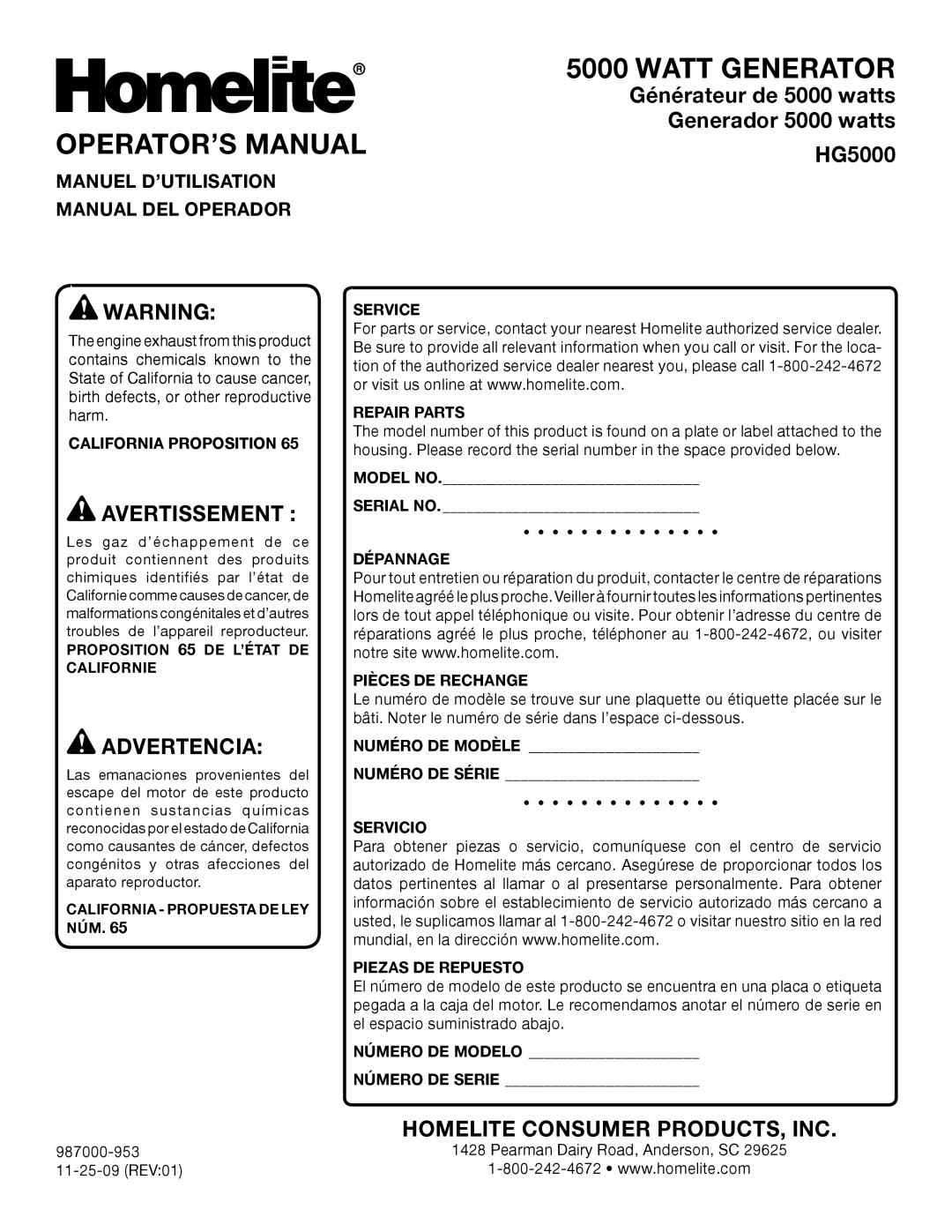 Homelite HG5000 manuel dutilisation OPERATOR’S Manual, Manuel D’UTILISATION Manual DEL Operador 