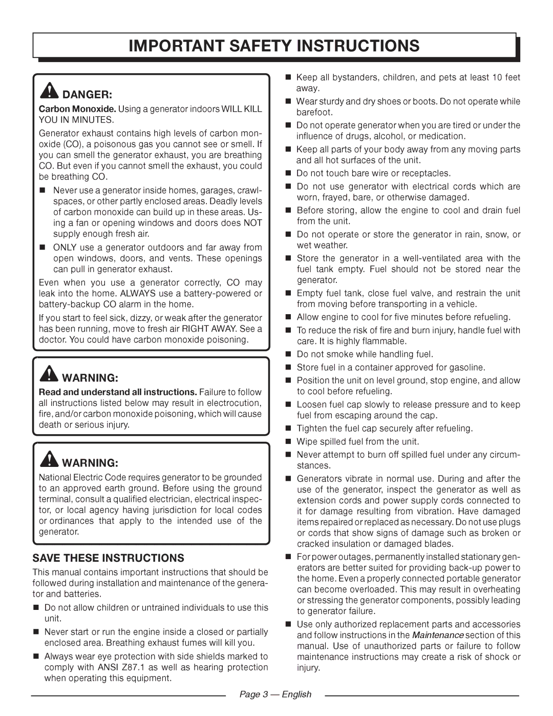 Homelite HG5000 manuel dutilisation Important safety instructions, English 