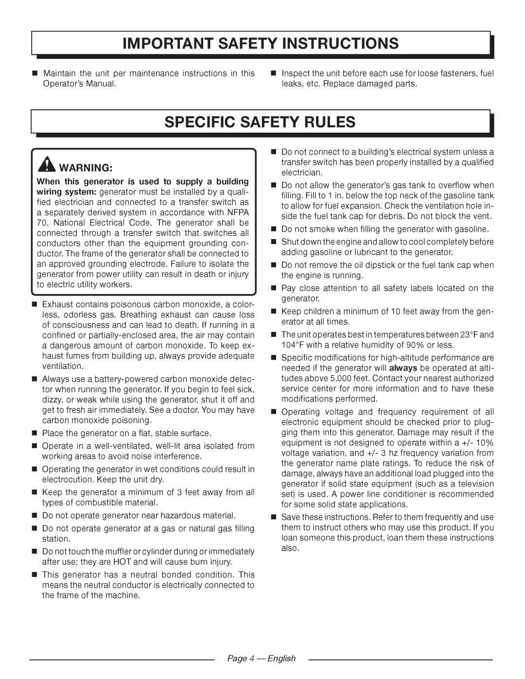 Homelite HG5000 manuel dutilisation Specific Safety Rules, English 