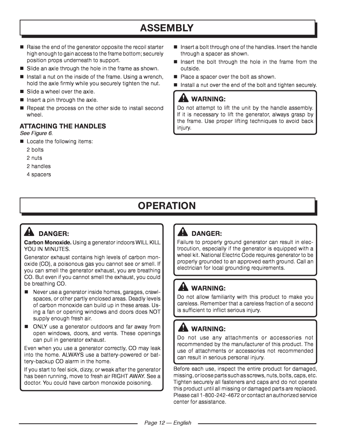 Homelite HG5000 Assembly, operation, attaching the handles, DANGER danger, See Figure, Page 12 — English 