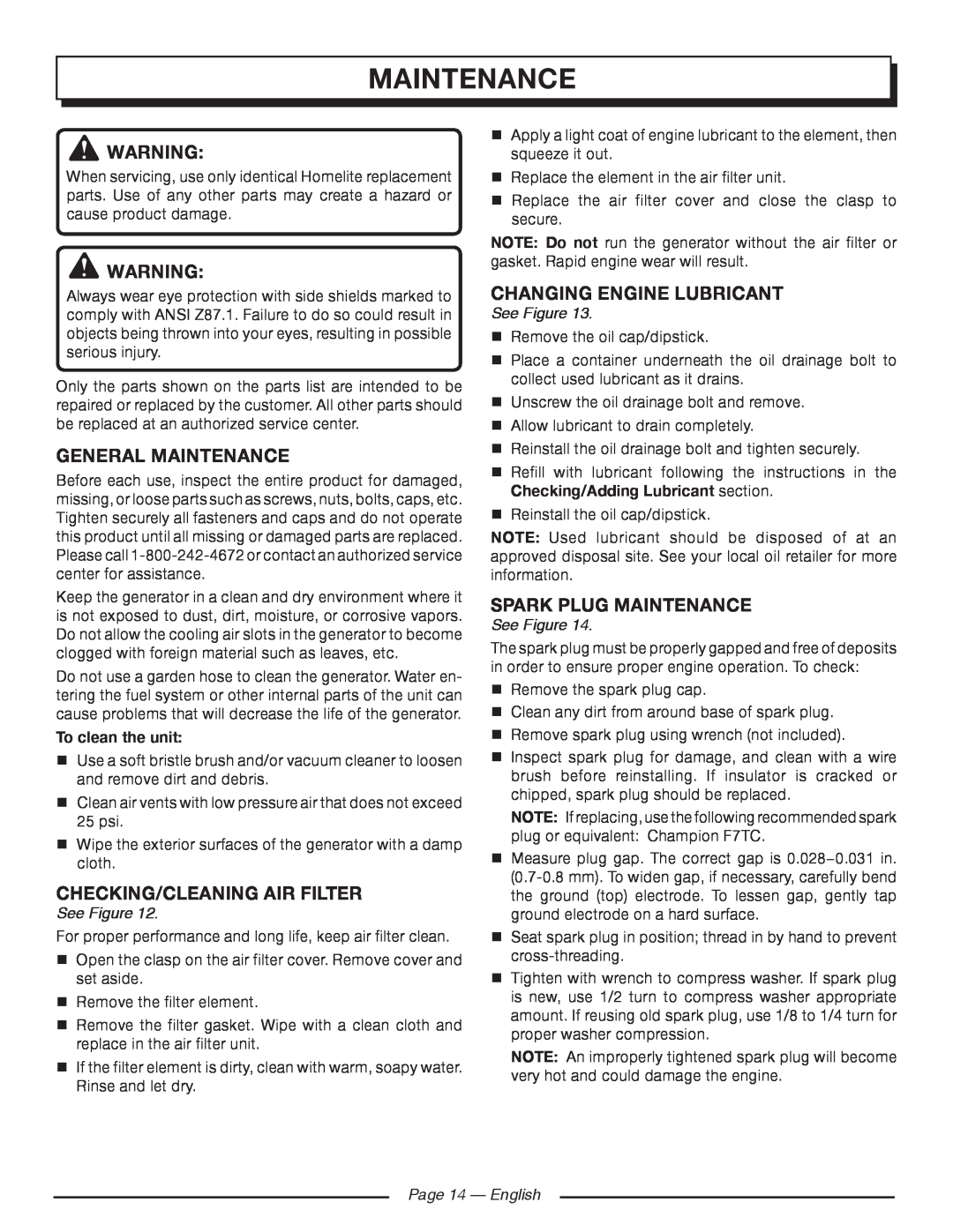 Homelite HG5000 manuel dutilisation maintenance, See Figure, Page 14 — English 