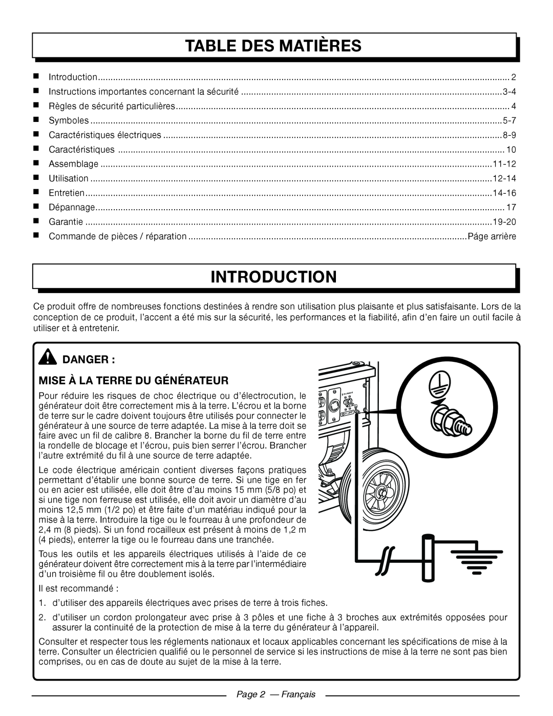 Homelite HG5000 Table Des Matières, Introduction, danger MISE À LA TERRE DU GÉNÉRATEUR, Page 2 — Français 