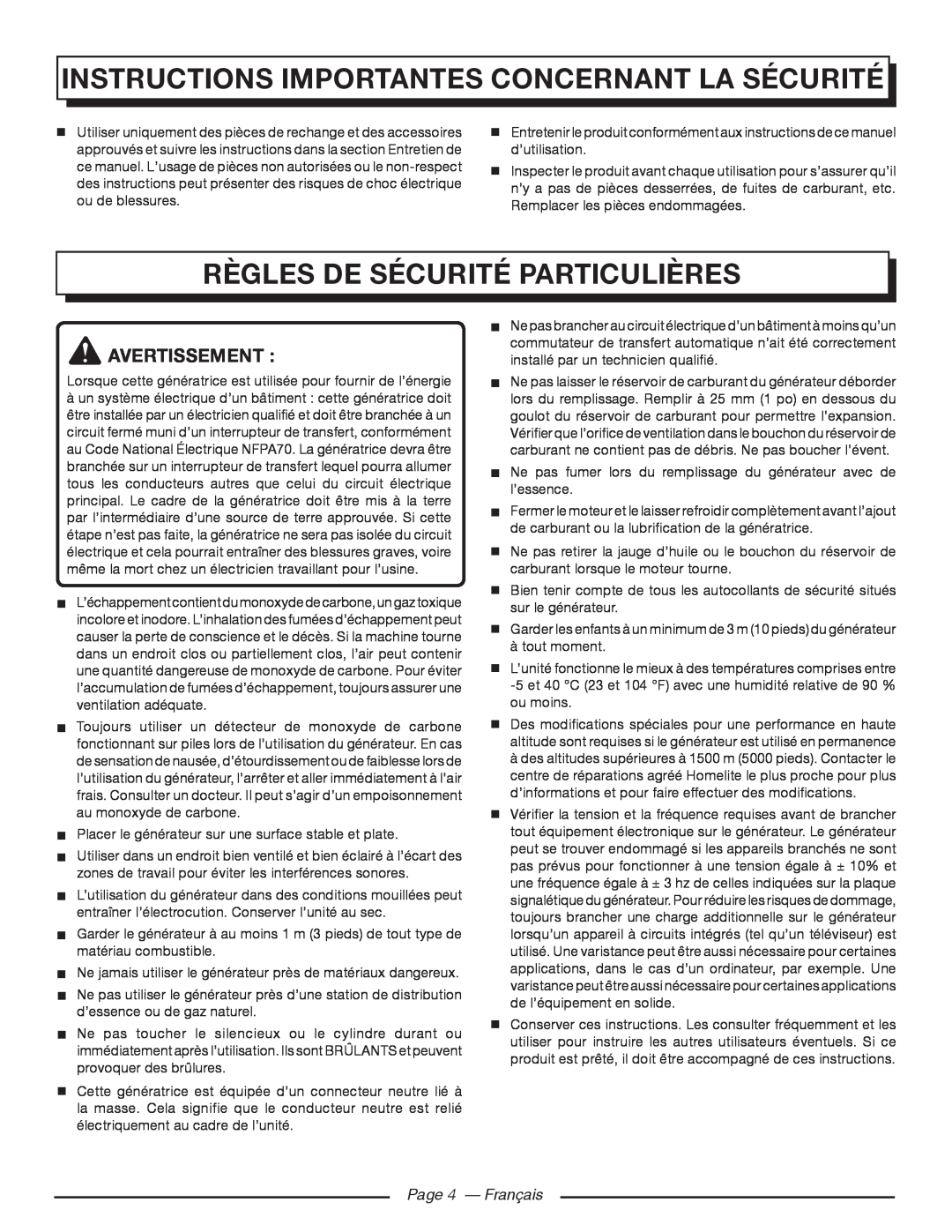 Homelite HG5000 Règles de sécurité particulières, Instructions Importantes Concernant La Sécurité, Page 4 — Français 