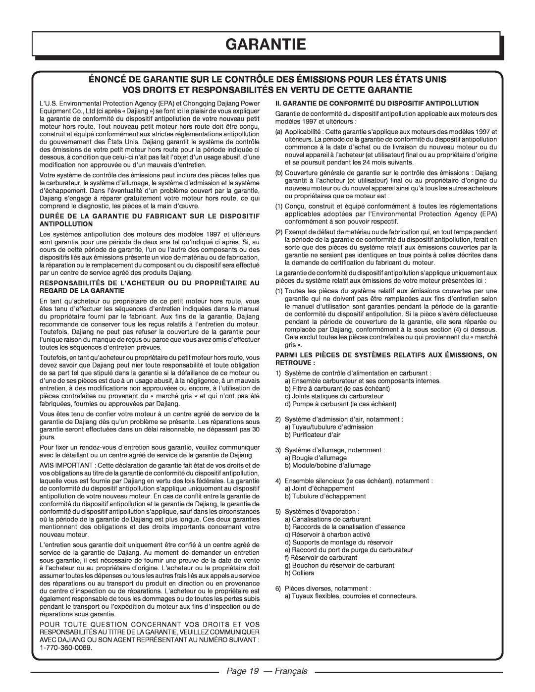 Homelite HG5000 manuel dutilisation Garantie, Page 19 — Français 