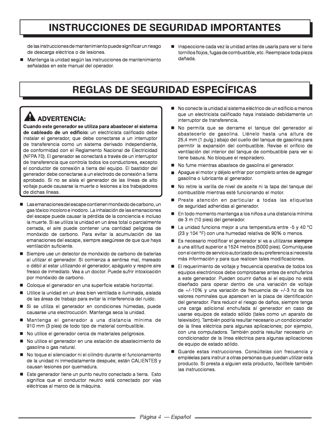 Homelite HG5000 Reglas De Seguridad Específicas, Instrucciones de seguridad importantes, Página 4 — Español 