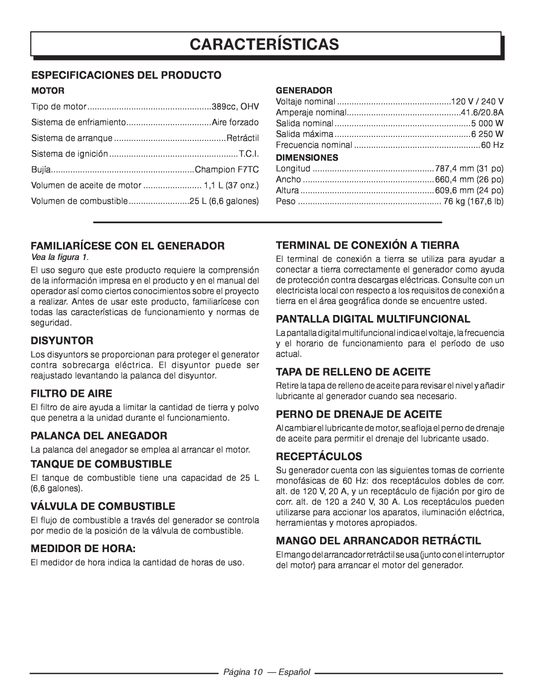 Homelite HG5000 manuel dutilisation Características 