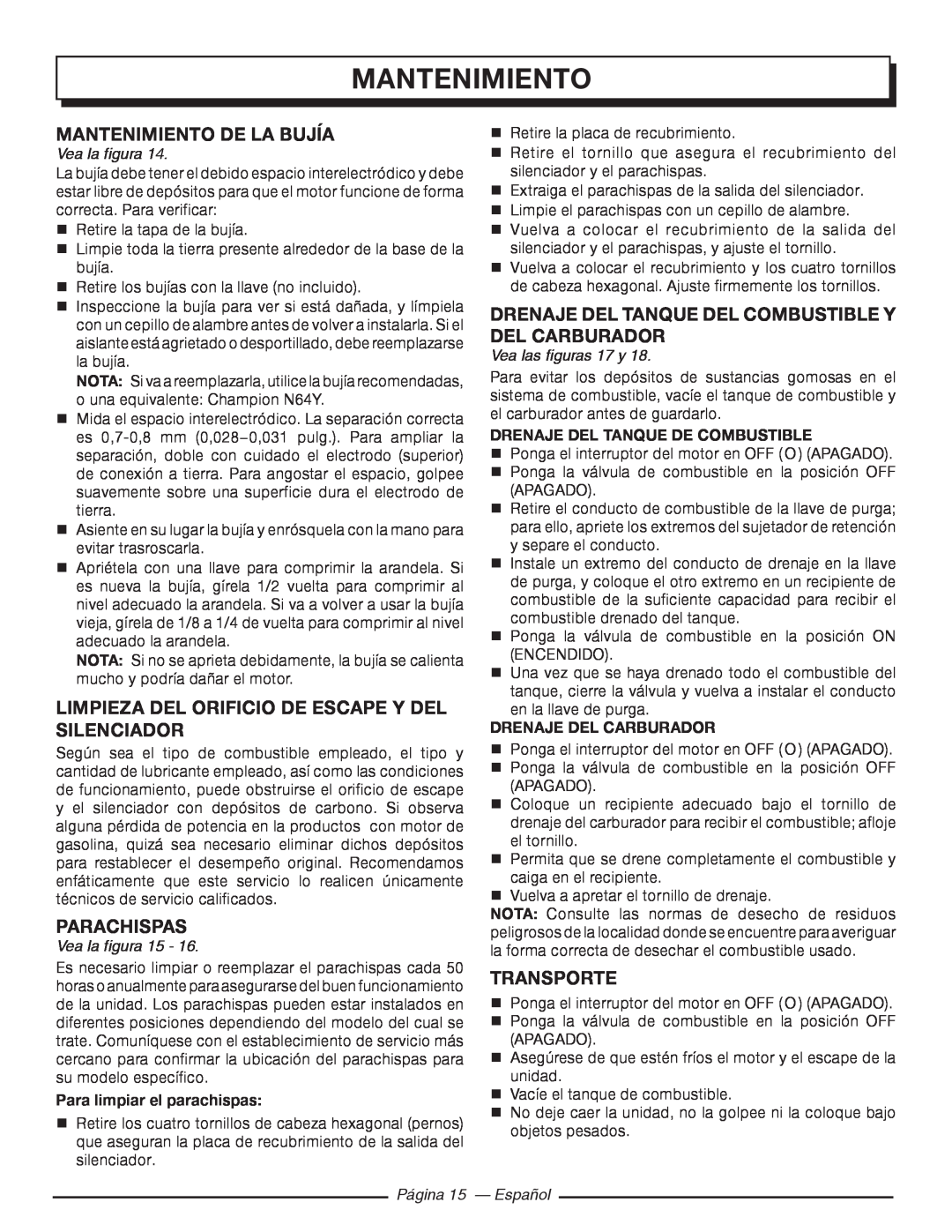 Homelite HG5000 manuel dutilisation mantenimiento, Vea la figura 15, Vea las figuras 17 y, Página 15 — Español 