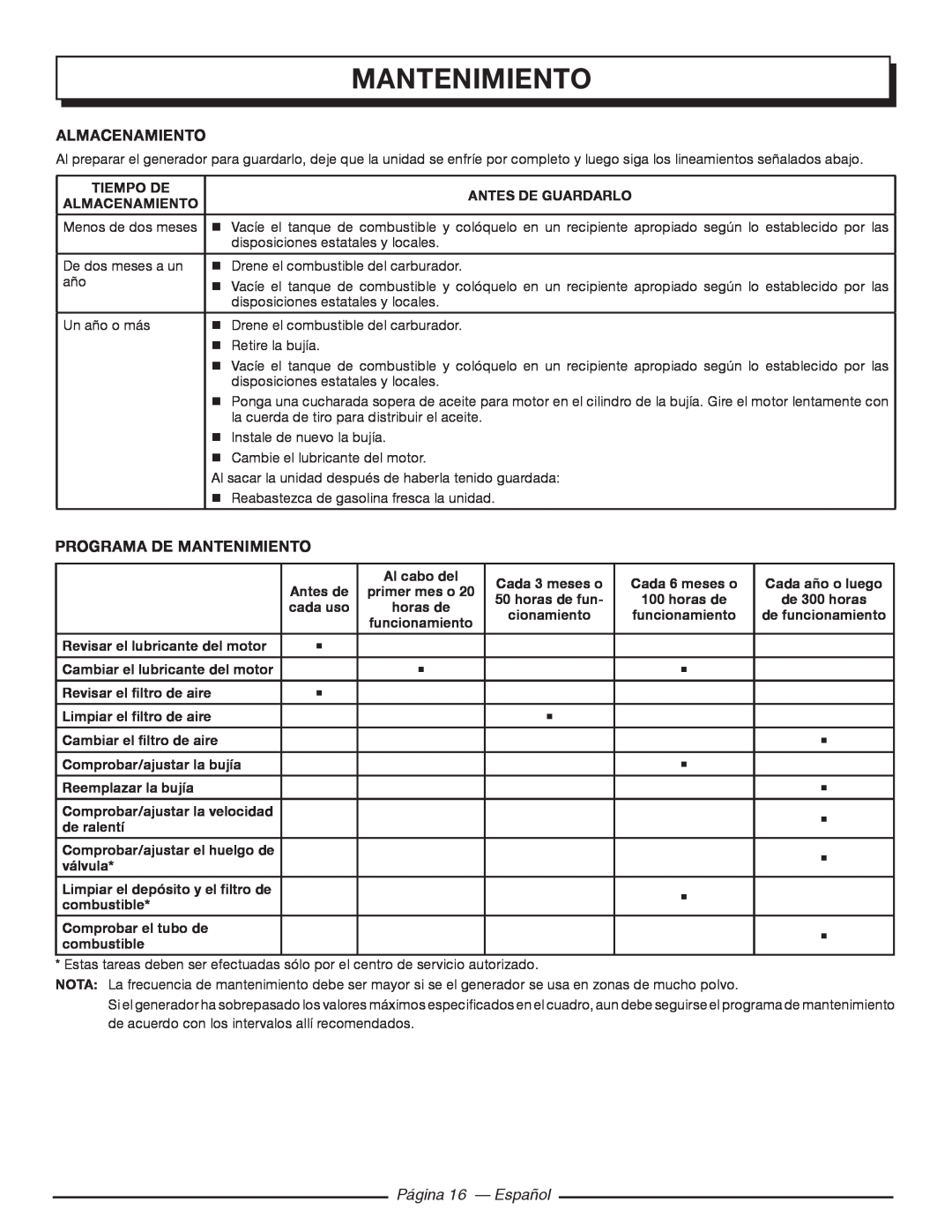 Homelite HG5000 manuel dutilisation almacenamiento, Programa De Mantenimiento, Página 16 — Español 
