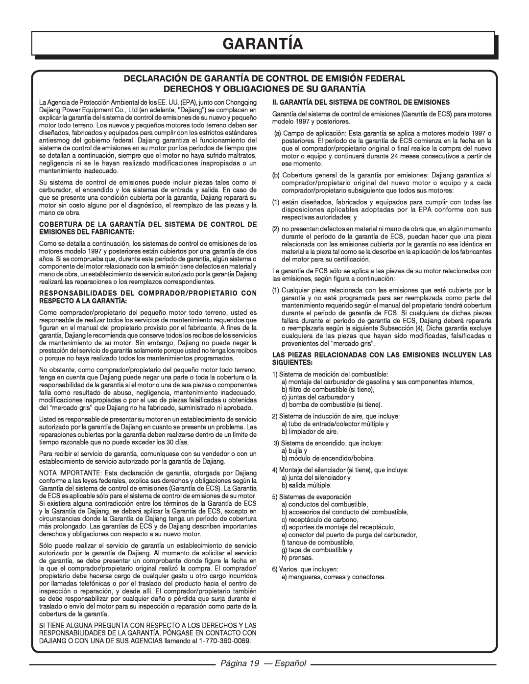 Homelite HG5000 manuel dutilisation Derechos Y Obligaciones De Su Garantía, Página 19 — Español 