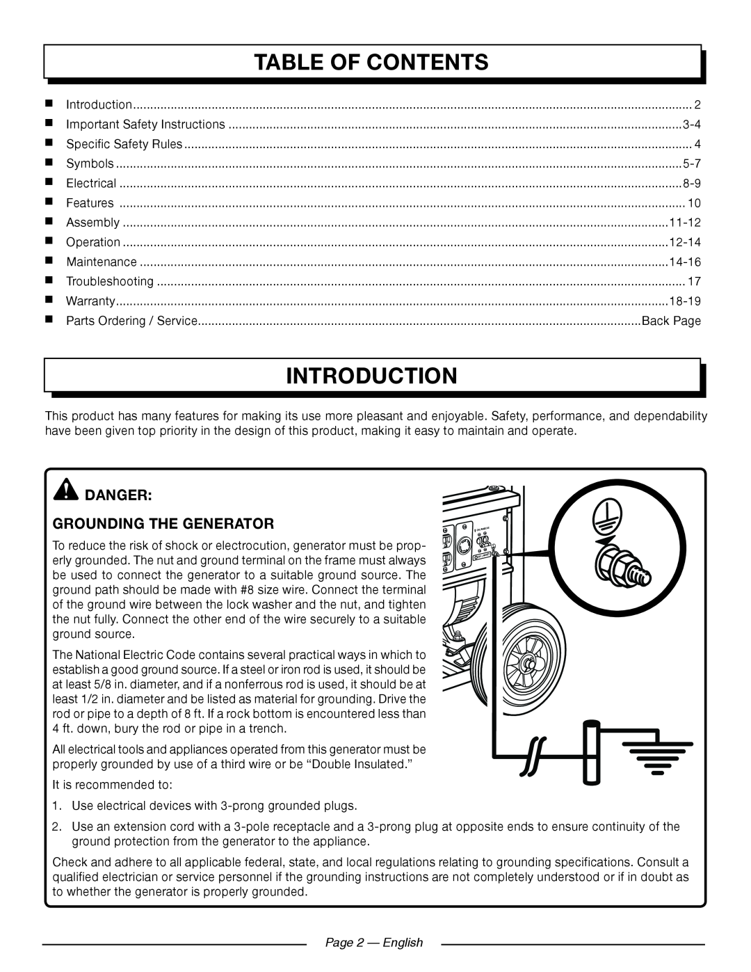 Homelite HG5000 manuel dutilisation Introduction, Table Of Contents, Page 2 — English 
