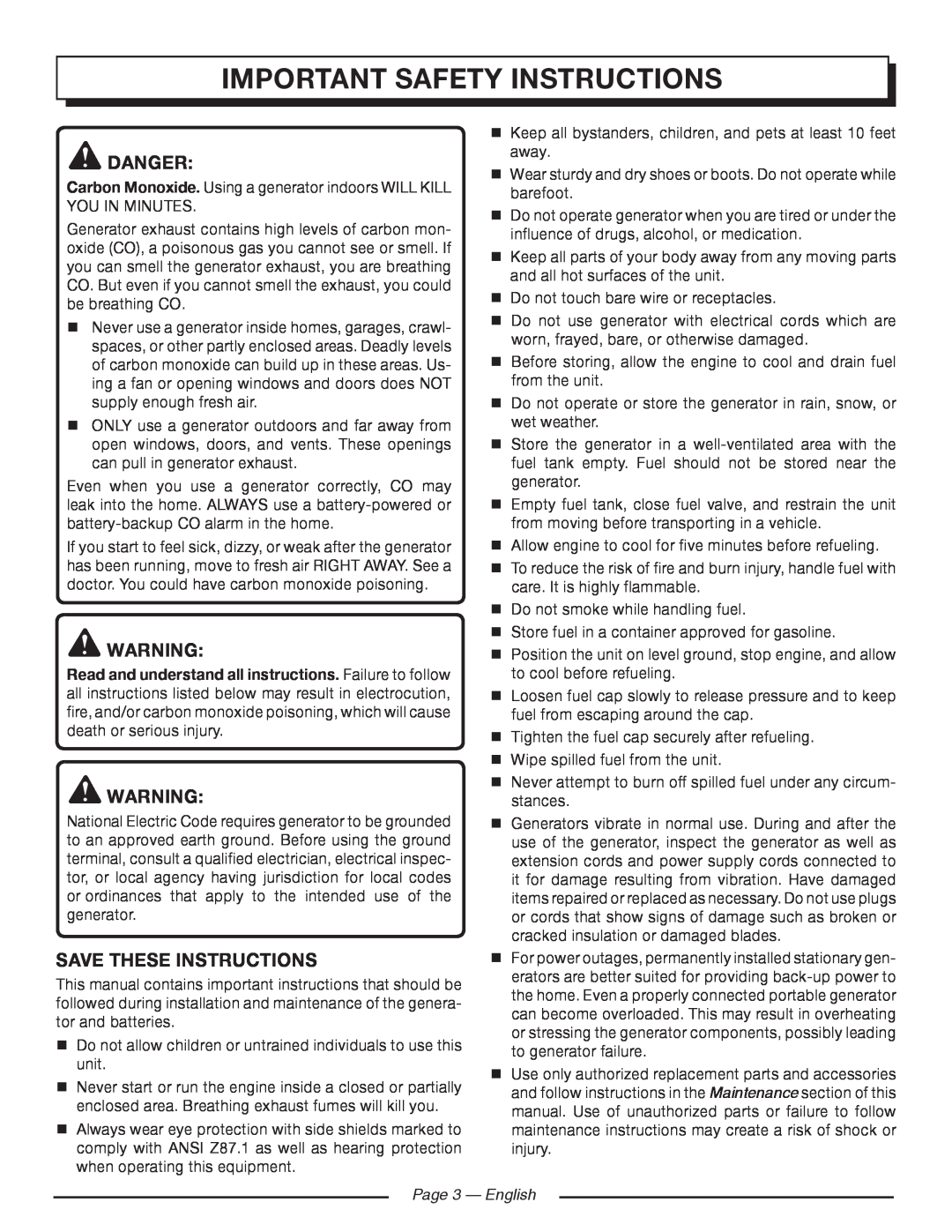 Homelite HG5000 manuel dutilisation important safety instructions, Danger, Save These Instructions, Page 3 — English 