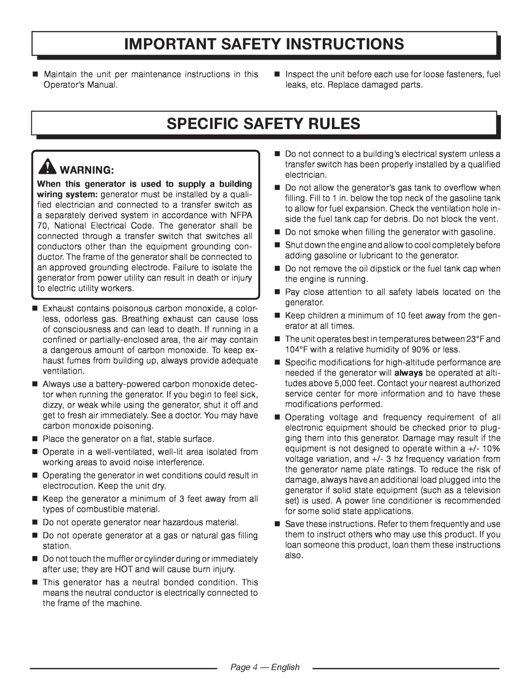 Homelite HG5000 manuel dutilisation Specific Safety Rules, important safety instructions, Page 4 — English 
