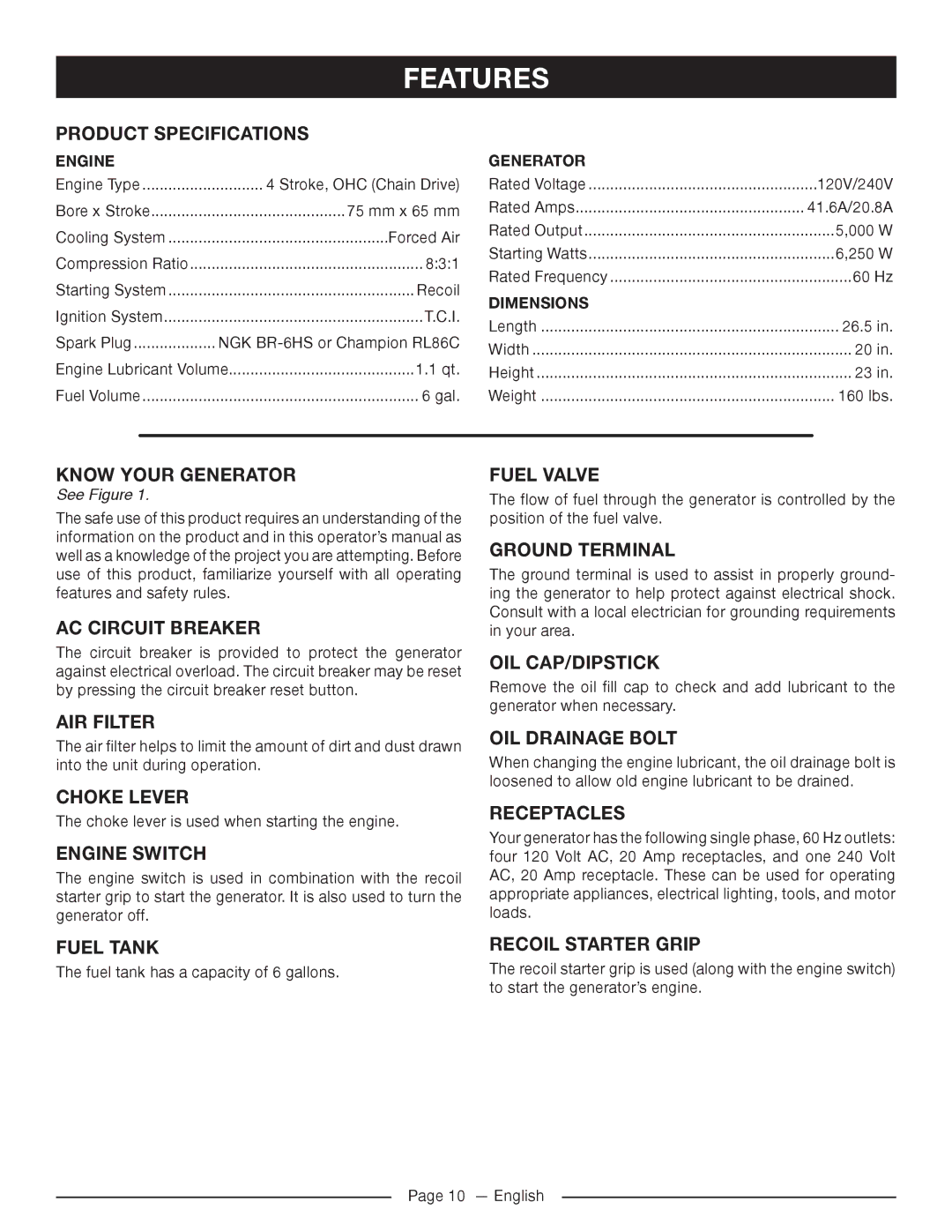 Homelite HG5022P manuel dutilisation Features, Product Specifications, Know Your Generator 